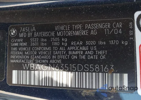 2005 BMW 745Li z USA, uszkodzony, nr VIN WBAGN63515DS58163